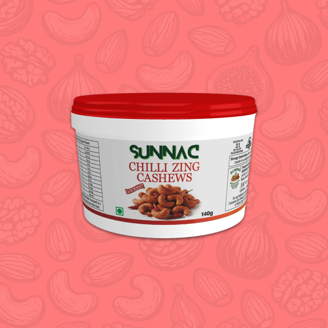 SUNNAC Chilli Zing Cashews – 140g | Roasted, Crunchy & Spicy Cashew Nuts