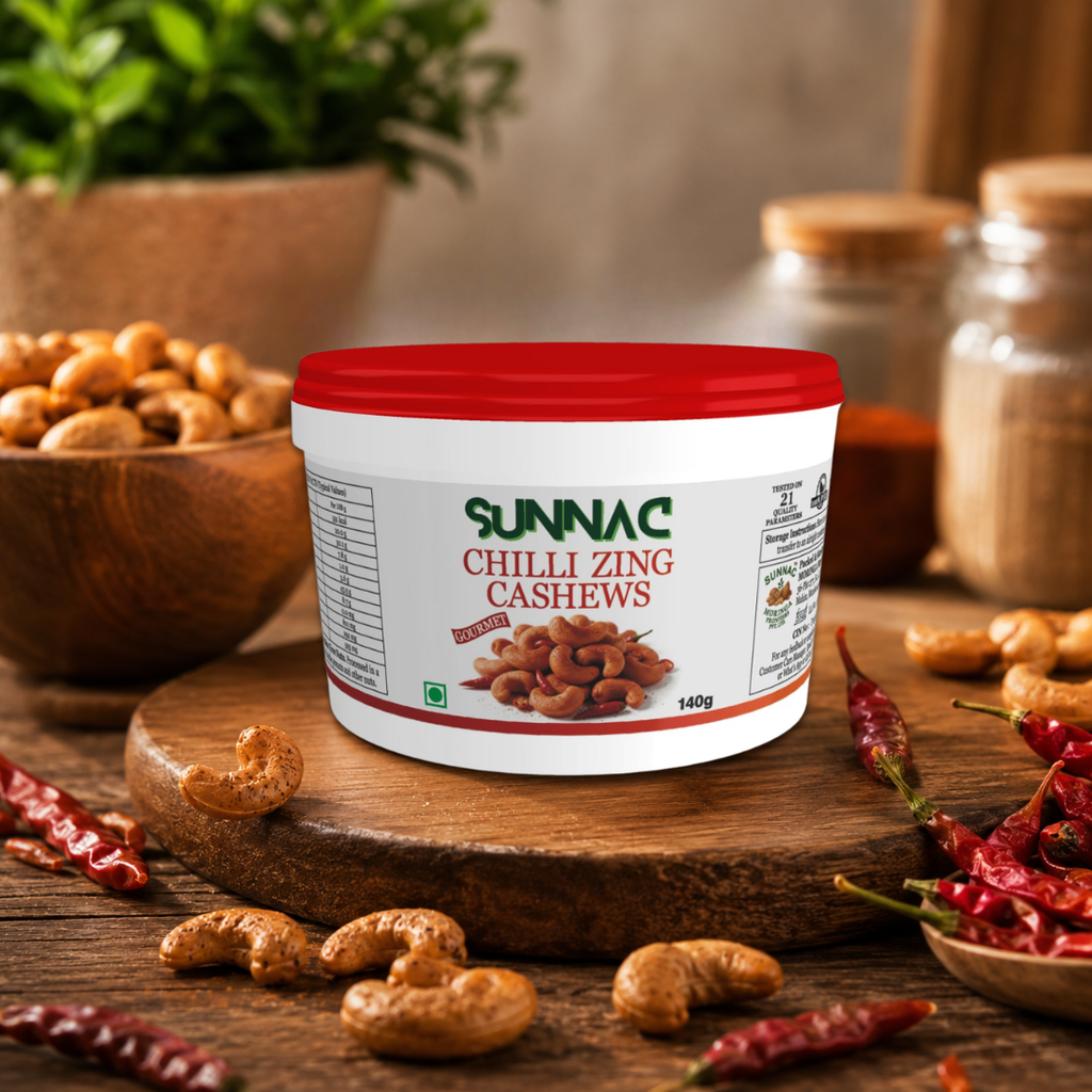 SUNNAC Chilli Zing Cashews – 140g | Roasted, Crunchy & Spicy Cashew Nuts