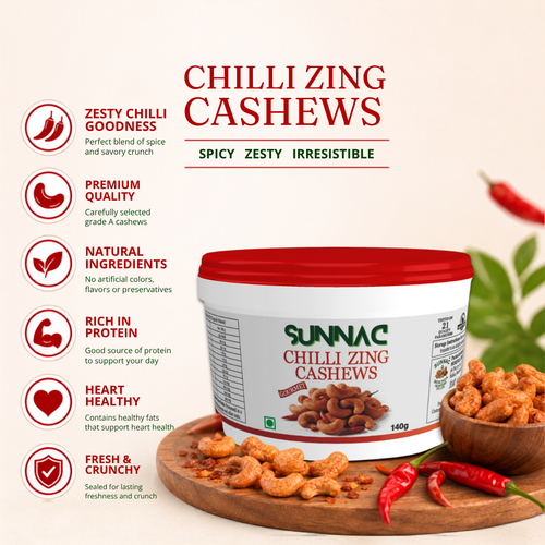 SUNNAC Chilli Zing Cashews – 140g | Roasted, Crunchy & Spicy Cashew Nuts