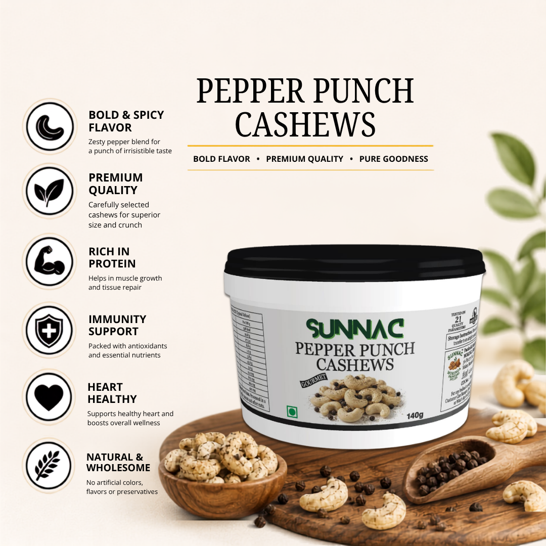 SUNNAC Roasted Cashew Nuts with Black Pepper – 140g | Crunchy, Bold & Pepper Flavoured