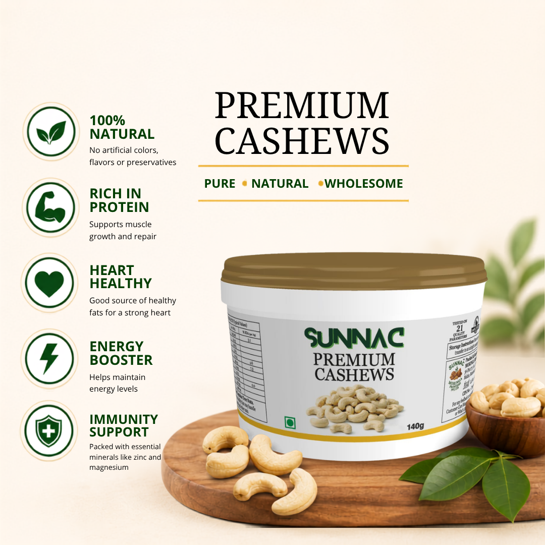 SUNNAC Premium Whole Cashews (Kaju) – 140g | Fresh, Crunchy & Handpicked