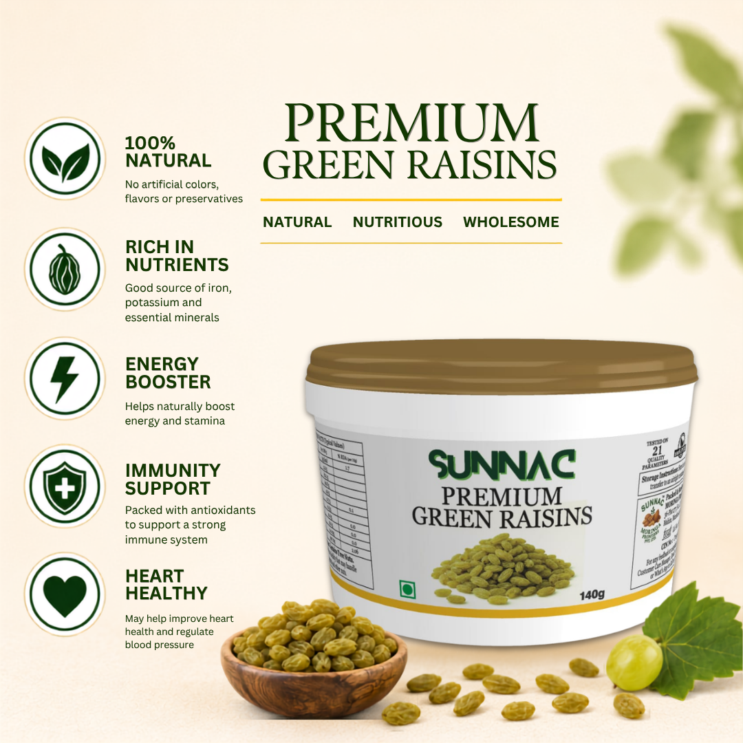 SUNNAC Premium Green Raisins (Kishmish) – 140g | Naturally Sweet, Soft & Juicy