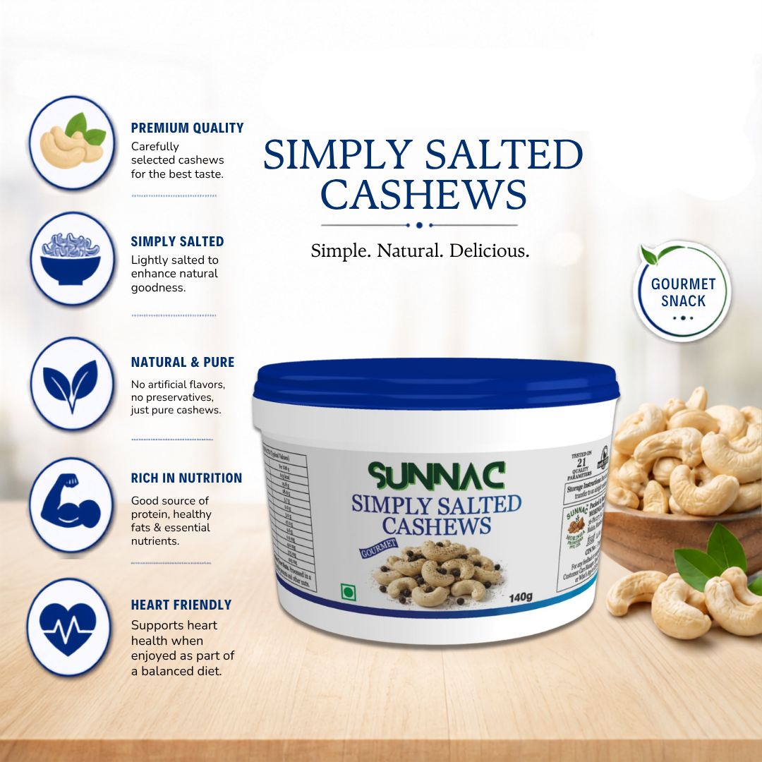 SUNNAC Simply Salted Cashews – 140g | Lightly Roasted & Perfectly Seasoned